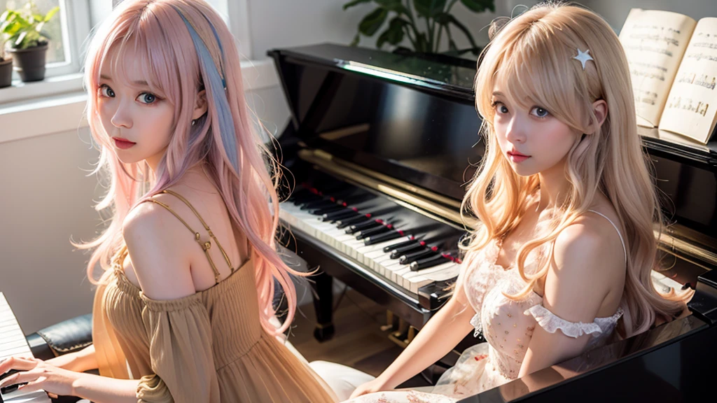 playing piano.Ai Hoshino, beige pink hair, Blue Hair,Long Hair, favorite , Beautiful, shining eyes, Stars in my eyes, Idol,Long pink hair