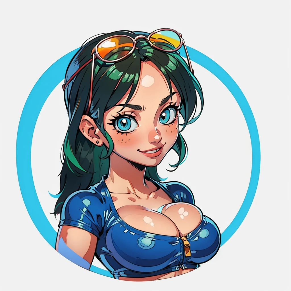 ((1girl, nico robin, nico robin from one piece, 1girl, white background, crop top, midriff, navel, sarong, eyewear on head, zipper, Partially unzipped)), upper body, anatomically correct, chibi, simple background, smile, cleavage, looking at the viewer, large hair