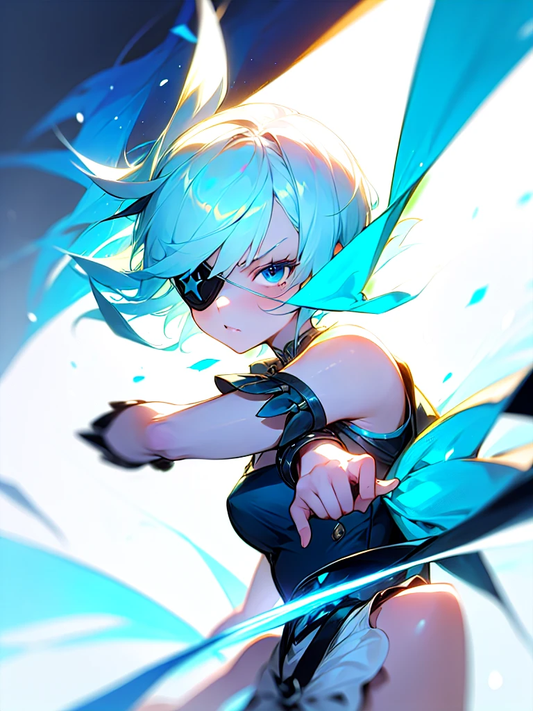 Young girl, light blue hair, light hair hair, sharp eyes, light blue eyes, sleeveless combat dress, bow, serious look, masterpiece, high quality, fantasy eyepatch, unique eyepatch, short hair