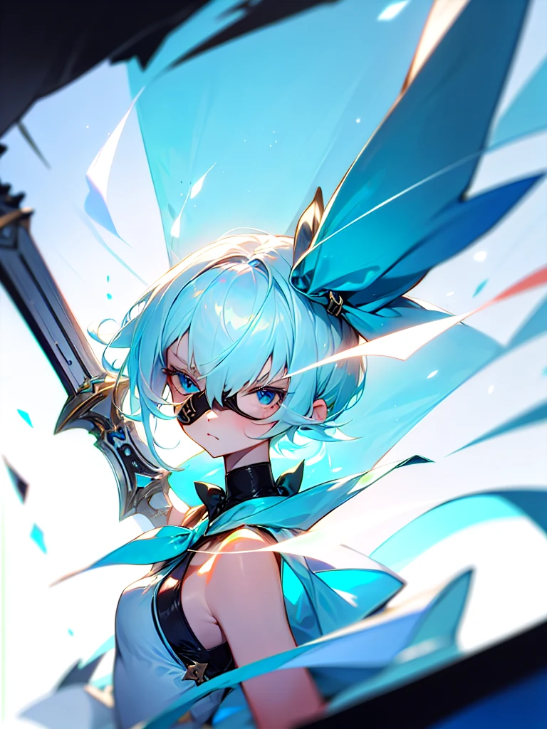 Young girl, light blue hair, light hair hair, sharp eyes, light blue eyes, sleeveless combat dress, bow, serious look, masterpiece, high quality, fantasy eyepatch, unique eyepatch, short hair