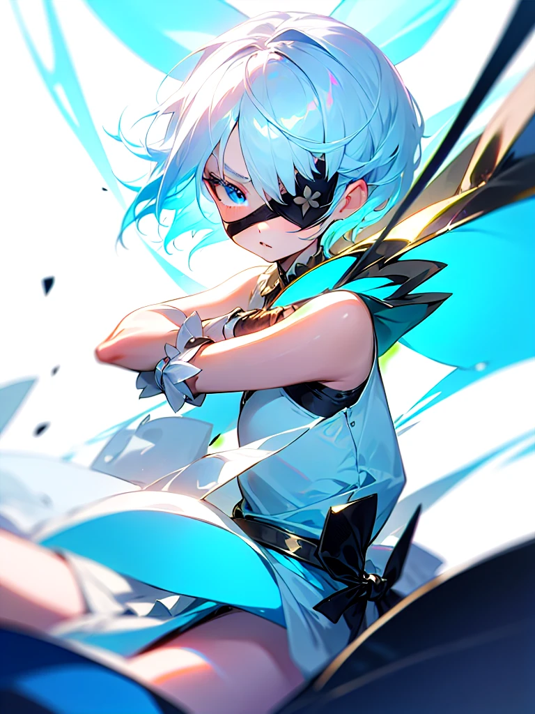 Young girl, light blue hair, light hair hair, sharp eyes, light blue eyes, sleeveless combat dress, bow, serious look, masterpiece, high quality, fantasy eyepatch, unique eyepatch, short hair