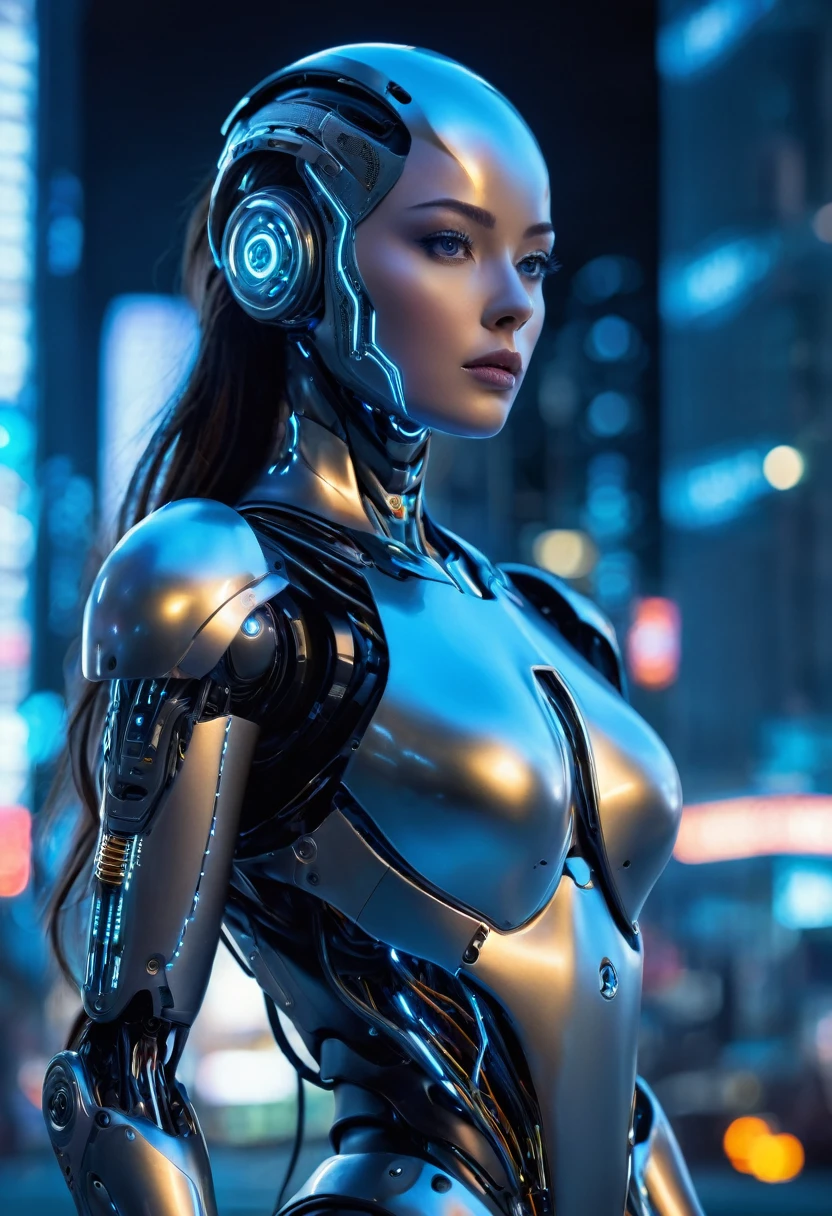 A Sexy female AI humanoid robot stands in a dimly lit, futuristic setting. Her face is a captivating blend of human-like features and metallic components. Her skin appears lifelike, with a subtle glow, but upon closer inspection, it reveals intricate circuits and wires beneath the surface.
Her eyes are piercing and intelligent, with a hint of curiosity and self-awareness. A metallic headpiece adorns her head, partially obscuring her face and giving her an otherworldly appearance.
The robot's body is a seamless integration of organic and inorganic elements. Her torso is covered in a sleek, metallic exoskeleton, with visible joints and hinges that allow for fluid movement. Wires and circuits snake across her abdomen, pulsing with a faint blue light.
Her arms and legs are a mix of human-like limbs and robotic parts. Metallic fingers end in sharp, pointed tips, while her legs are a combination of synthetic muscles and hydraulic joints.
The background is a futuristic cityscape, with towering skyscrapers and a hazy, neon-lit sky. The robot stands in the foreground, her gaze fixed on the viewer, as if contemplating her own existence and the blurred line between humanity and technology.
The image captures the essence of a being caught between two worlds, a creation that challenges the boundaries of what it means to be human and what it means to be machine.