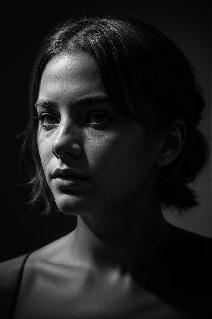 a young white female, face completely hidden in shadows, black and white, dramatic lighting, minimalist background, light colored background, high contrast, (best quality,4k,8k,highres,masterpiece:1.2),ultra-detailed,(realistic,photorealistic,photo-realistic:1.37)