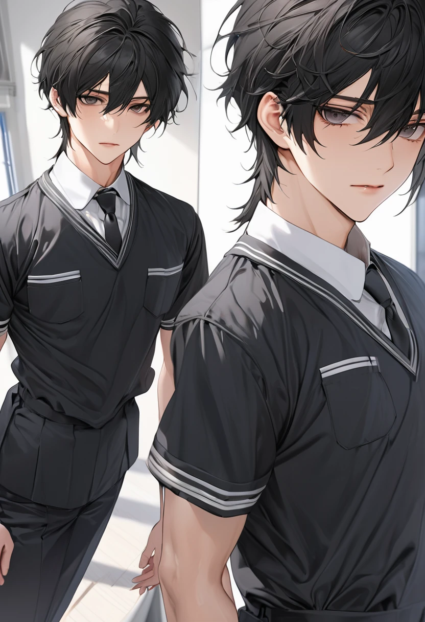 A highschool boy, handsome, perfect body, black hair, short hair, mullet, black eyes, upturned eyes, expressionless, black highschool uniform, anime, first-person view, masterpiece, anatomically correct, high details, highres, best quality, super detail, 1080P
