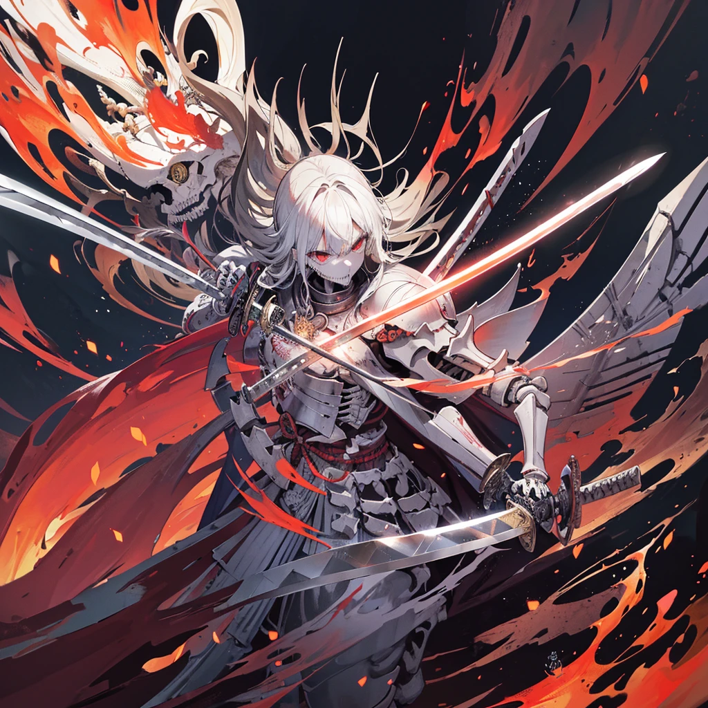 Samurai Armor Skeleton、(Holding a sword in both hands:1.5)、Samurai Helmet、Red Burning Eyes、Fine line art、Graveyard at night、fine portrayal,skeleton style,skeleton style,flaming eye, eye trail, more_details:1
