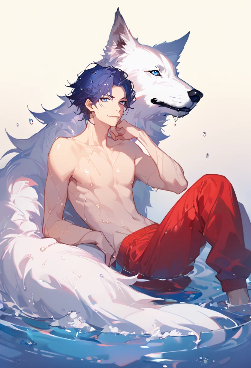 solo, ((male with short dark blue hair with red strip hair and dark blue hair with red gradient), (bare chest), (topless), (muscle), ( jogger pants), (wet), (dripping wet body and hair), (water dripping), (sitting), (one hand rest on the knee), (big white wolf resting on the back)), (bangs), (blue eyes with red gradient), (pale skin), (smirk), ((high quality)), (extremely detailed),8k, 4k, clean line art, detailed line art, resting on the big wolf, white big wolf, simple background, water background, dark background, not bulky, no top clothes, inspired by Asukaziye artist : ask, art style : ask