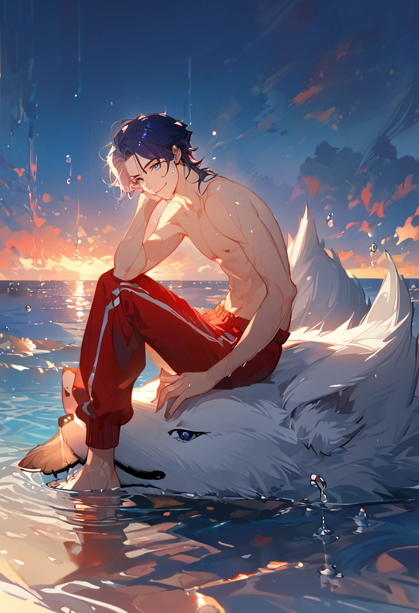 solo, ((male with short dark blue hair with red strip hair and dark blue hair with red gradient), (bare chest), (topless), (muscle), ( jogger pants), (wet), (dripping wet body and hair), (water dripping), (sitting), (one hand rest on the knee), (big white wolf resting on the back)), (bangs), (blue eyes with red gradient), (pale skin), (smirk), ((high quality)), (extremely detailed),8k, 4k, clean line art, detailed line art, resting on the big wolf, white big wolf, simple background, water background, dark background, not bulky, no top clothes, inspired by Asukaziye artist : ask, art style : ask