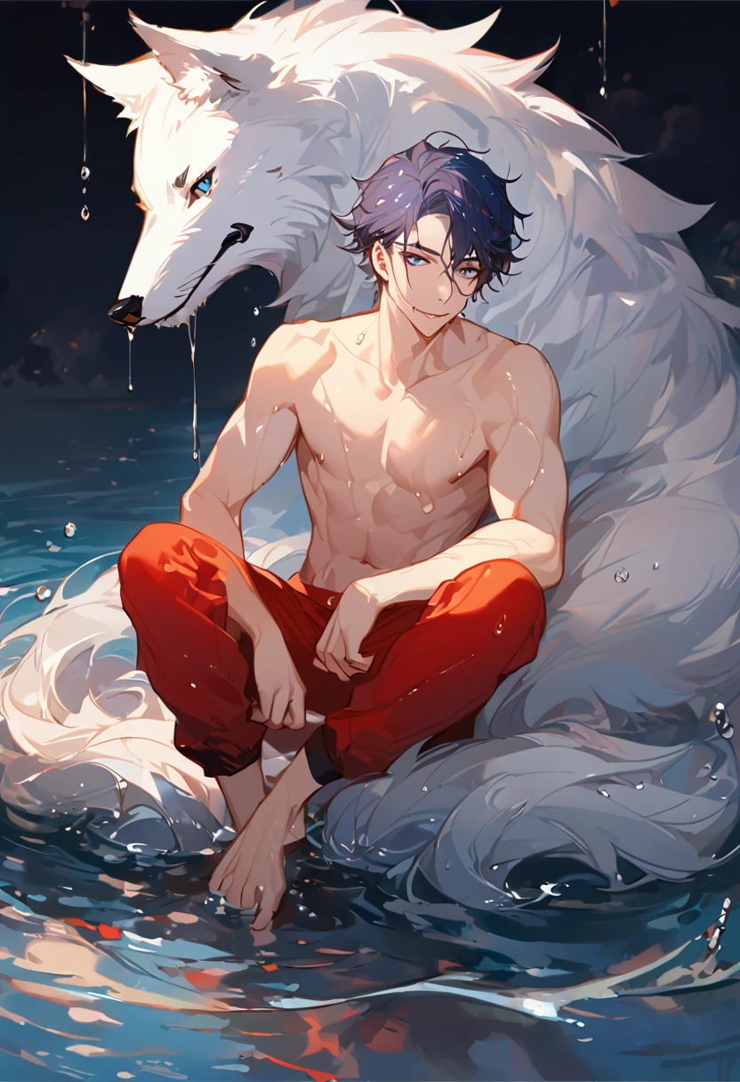 solo, ((male with short dark blue hair with red strip hair and dark blue hair with red gradient), (bare chest), (topless), (muscle), ( jogger pants), (wet), (dripping wet body and hair), (water dripping), (sitting), (one hand rest on the knee), (big white wolf resting on the back)), (bangs), (blue eyes with red gradient), (pale skin), (smirk), ((high quality)), (extremely detailed),8k, 4k, clean line art, detailed line art, resting on the big wolf, white big wolf, simple background, water background, dark background, not bulky, no top clothes, inspired by Asukaziye artist : ask, art style : ask