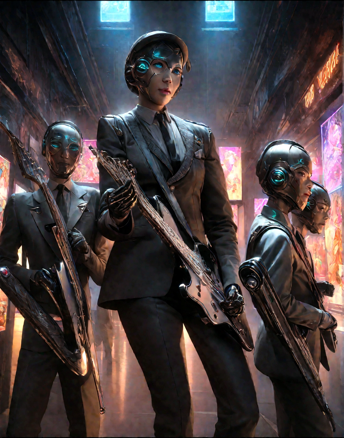 stunning humanoid band,1950s retro futuristic style,intricate details,dynamic poses,cinematic lighting,vibrant colors,highly detailed,photorealistic,masterpiece,best quality,8k,HDR,physically-based rendering,ultra-fine painting,sharp focus,extremely detailed,surreal,science fiction,portraits,cinematic composition,dramatic shadows,neon lights,futuristic technology,gleaming metallic textures,mesmerizing expressions,dynamic gesture,atmospheric environment