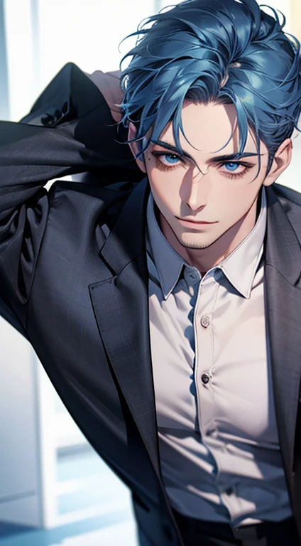(best quality,4k,8k,highres,masterpiece:1.2),ultra-detailed,(realistic,photorealistic,photo-realistic:1.37),1 man,31 years old,mature man,very handsome,without expression,smile,short blue hair,blue eyes,penetrating gaze,perfect face without errors,imposing posture,businessman,office background,cinematic lighting,hdr image