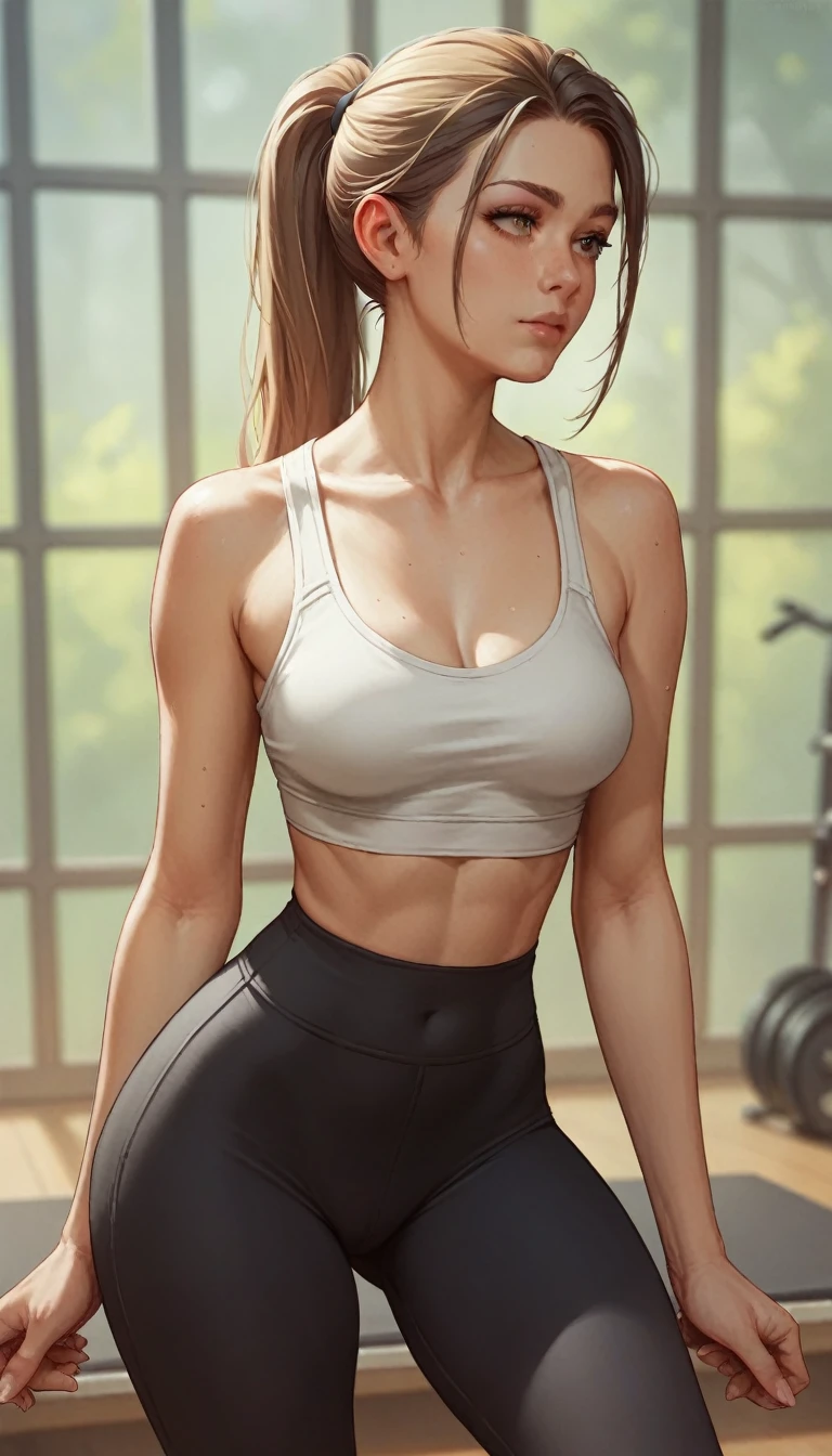 (masterpiece, top quality, best quality, official art, beautiful and aesthetic:1.2), (1girl:1.3), (gorgeous face), light freckles, fair skin, brown hair, extremely detailed, portrait, looking at viewer, solo, (full body:0.6), detailed background, close up, (airy modern theme:1.1), extremely busty gym girl, ponytail, big lips, arched back, flexing her bicep, charlatan, smirk, mysterious, standing in the gym, (pink tank top), (black leggings, headphones), wet, workout gear, weight machines, windows, modern gym, well-lit, thin and toned physique, gigantic breasts, cleavage, skindentation, slim waist, slim hips, long legs, modern (gym interior:1.1) background, dark mysterious lighting, shadows, magical atmosphere, dutch angle,