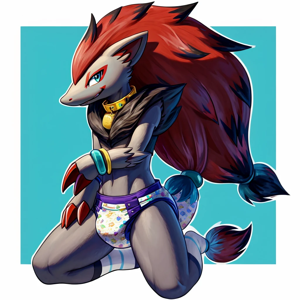 A dark purple femboy zoroark wearing a black sweatshirt and a blue diaper and white socks with black stripes and a gold dog collar around his neck and with bracelets on his arms