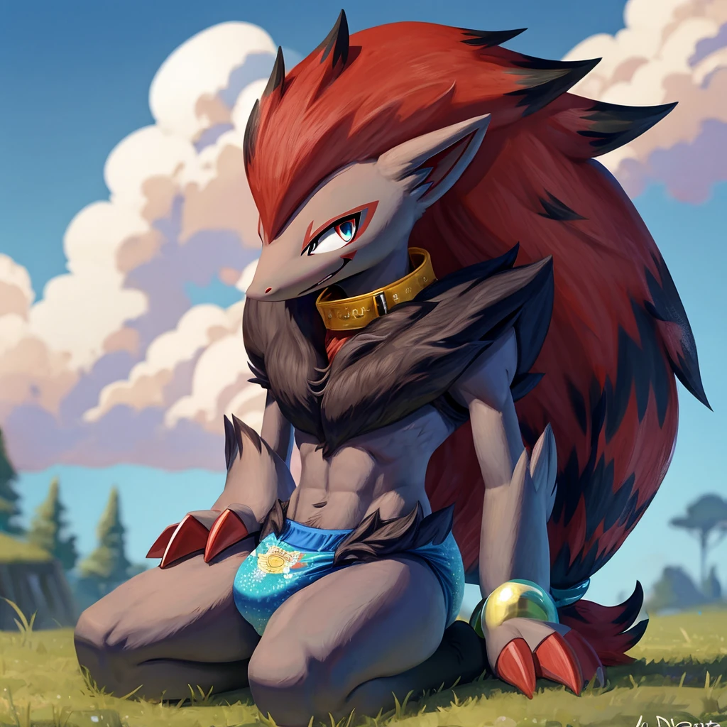 A dark purple femboy zoroark wearing a black sweatshirt and a blue diaper and white socks with black stripes and a gold dog collar around his neck and with bracelets on his arms