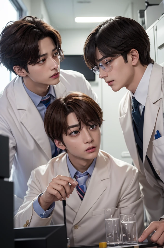 Jungkook and Taehyung look at each other romantically while doing scientific research in their laboratory