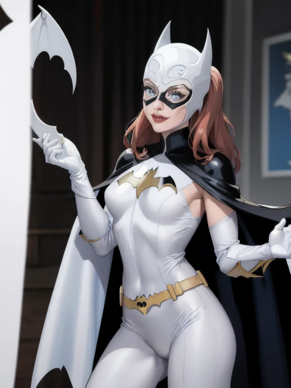 BarbaraG, 1girl, solo, long white cape, white mask, belt, white gloves, blue eyes, superhero, long hair, grey bodysuit, lipstick, batgirl, park, smile, cape under her shoulders