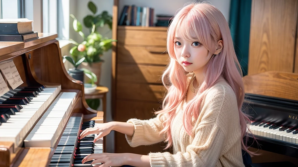 playing piano.Ai Hoshino, beige pink hair, Blue Hair,Long Hair, favorite , Beautiful, shining eyes, Stars in my eyes, Idol,Long pink hair