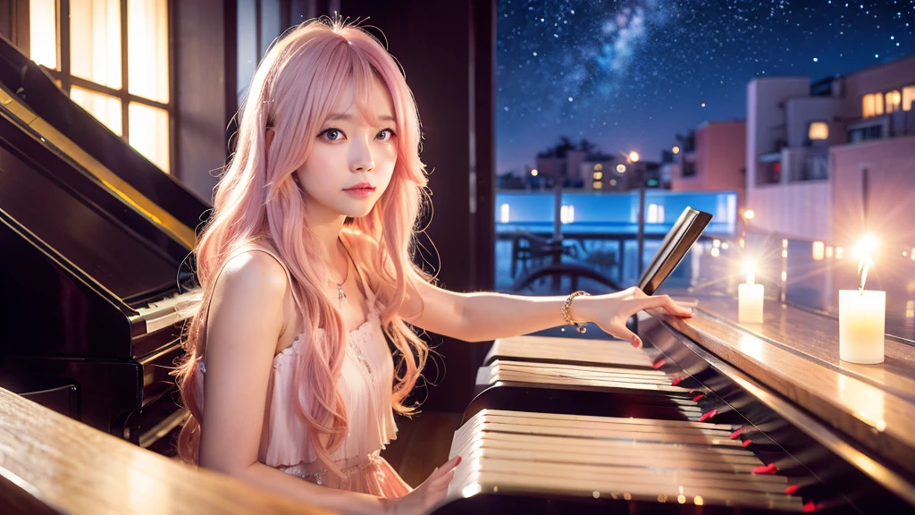 playing piano.Ai Hoshino, beige pink hair, Blue Hair,Long Hair, favorite , Beautiful, shining eyes, Stars in my eyes, Idol,Long pink hair