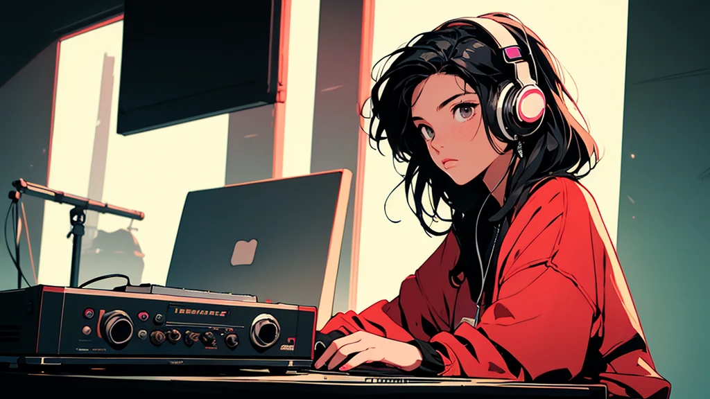 2D illustration, anime, Manga style, whole body,Asian, 1 Girl, Big Hair, Shortcuts,  High resolution, masterpiece, Highest quality, High detail, High detailed eyes,  Detailed lips, High resolution, Super detailed, Realisticな比率, Anatomically correct, Beautiful young woman, whole bodyポートレート, Illustrator, anime , Realistic ,sketch , 1 Girl, ,lip, hoodie,order, the 90s, Neon Hair,Textured Trim, (masterpiece,Highest quality), lofi, Battle DJ girl in HIPHOP fashion wearing DJ headphones,Battle DJ girl in HIPHOP fashion wearing DJ headphones,Front view , Turntablist, DJ Scratch, Two large LED-illuminated speakers on each side, Immerse yourself in a neon-lit environment, In front of her is a music mixer and a turntable.、A record is placed on the turntable,ターンテーブルはTechnics SL-1200MK7, JQBert,