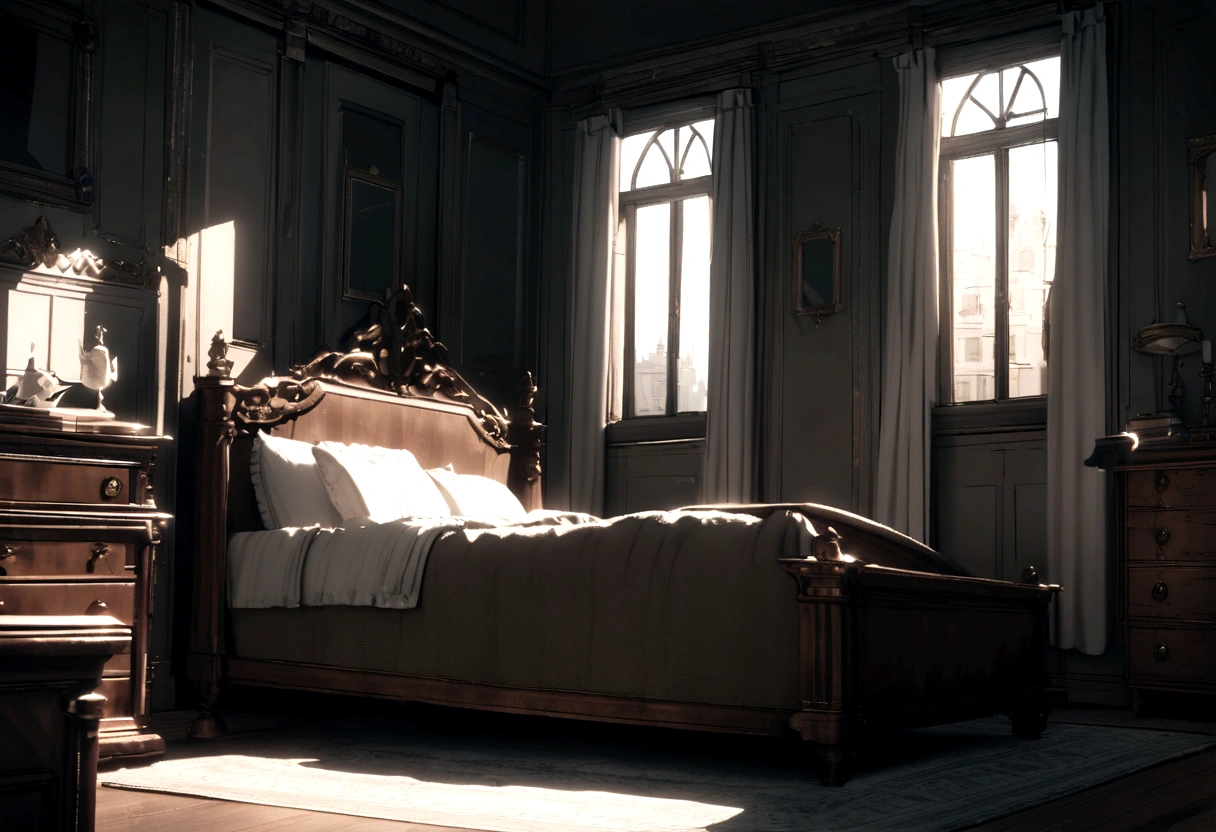 A bedroom in a rental house,The windows are broken,Simple room,Simple furnishings,