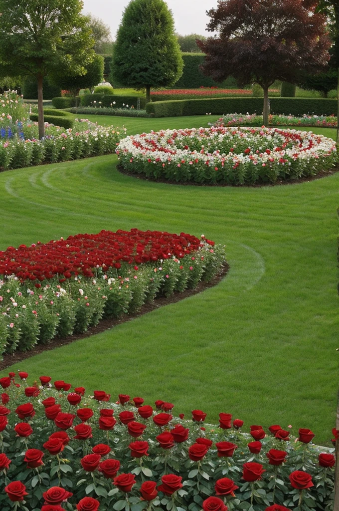 Garden full of red roses with grass and the roses with golden water drops 