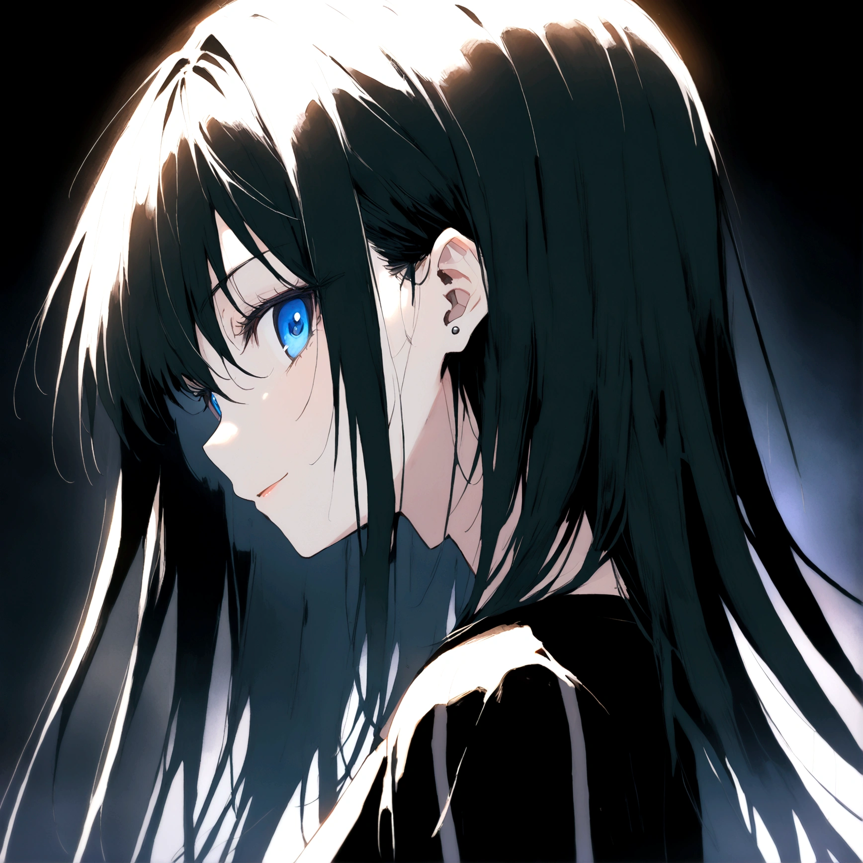 ((Generate a half-length anime portrait of a captivating scene featuring a stunning 20-year-old girl,)) ,profile, looking towards the viewer ((semi lateral view,)) with medium long black hair, evil smile, with sports shorts and a black shirt, piercing, blue eyes, medium chest, photography style ,