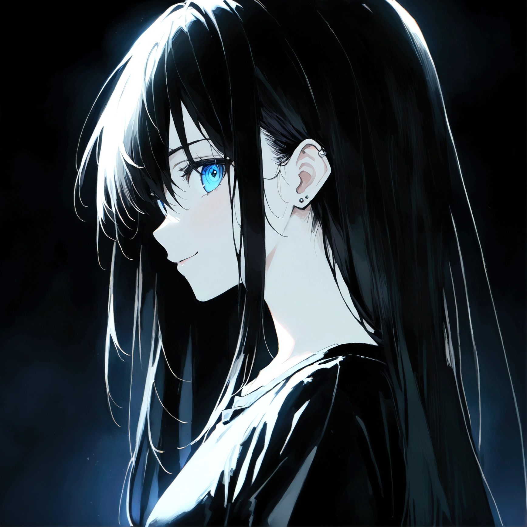 ((Generate a half-length anime portrait of a captivating scene featuring a stunning 20-year-old girl,)) ,profile, looking towards the viewer ((semi lateral view,)) with medium long black hair, evil smile, with sports shorts and a black shirt, piercing, blue eyes, medium chest, photography style ,