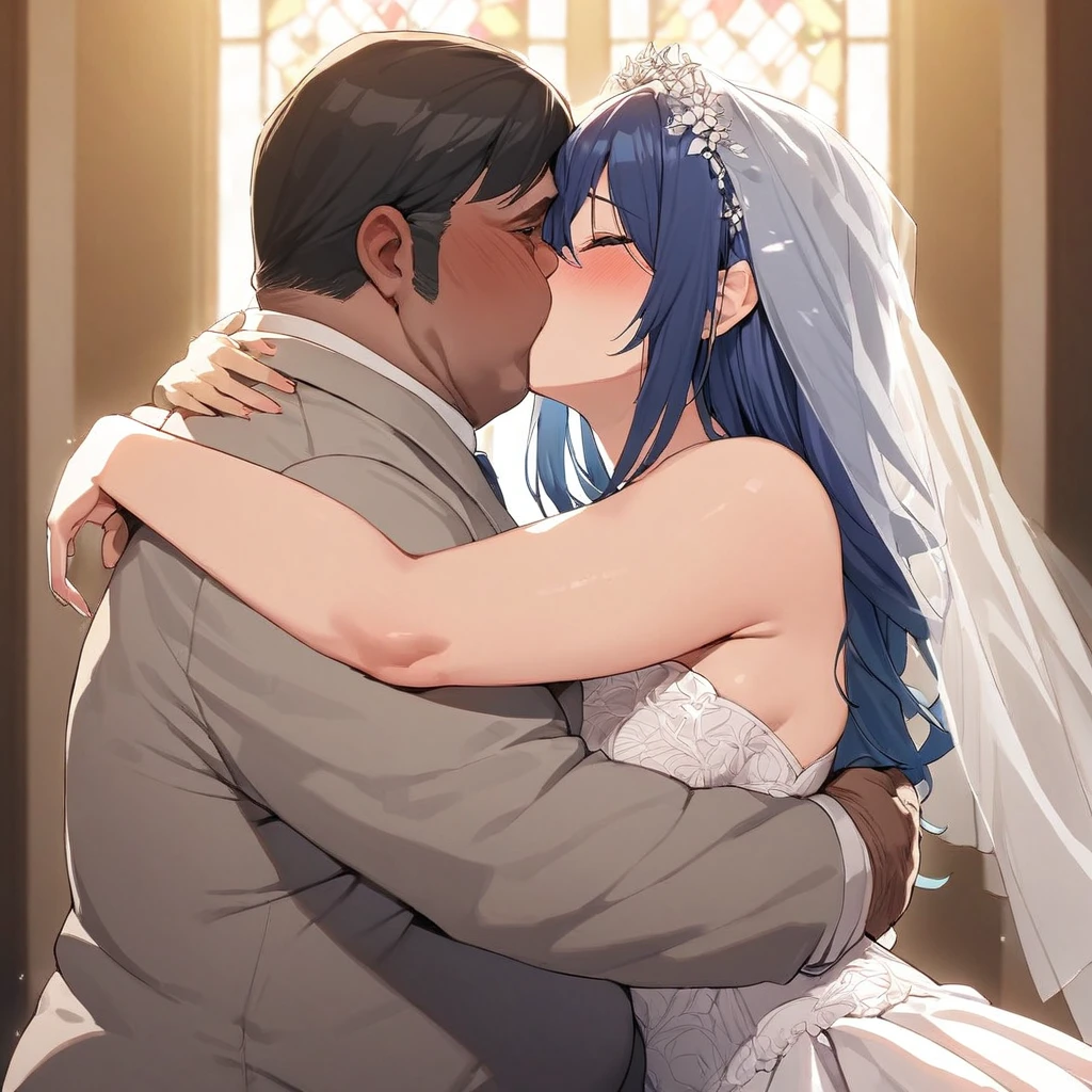 ((Highest quality)), ((masterpiece)), (detailed), （Perfect Face）、The woman is Akane Kurokawa, with blue bob hair, and is wearing a wedding dress and wedding veil in a church. She and a fat middle-aged man embrace each other, kiss each other, and make love to each other and get married.、Man and woman wearing engagement rings