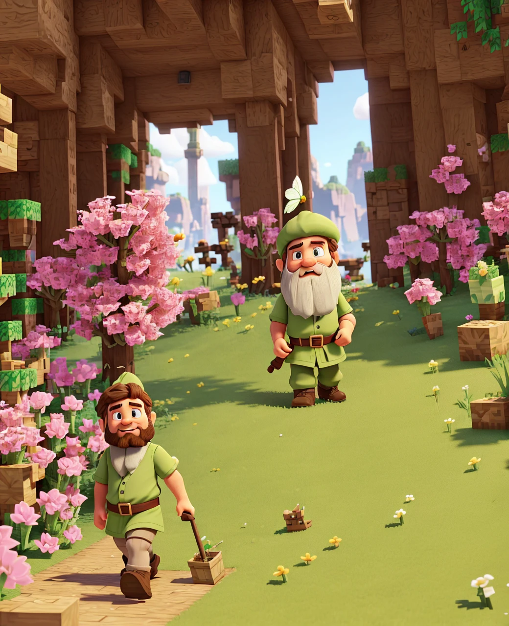 a dwarf dressed in green, with a long white beard and stubble. a white pointed hat, he holds a pink butterfly catcher in his hand and uses it as a weapon. is in the world of minecraft and is walking through the forest
