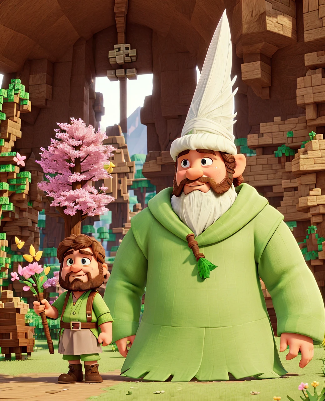 a little dwarf dressed in green, with a long white beard and stubble. a white pointed hat, he holds a pink butterfly catcher in his hand and uses it as a weapon. is in the world of minecraft and is walking through the forest