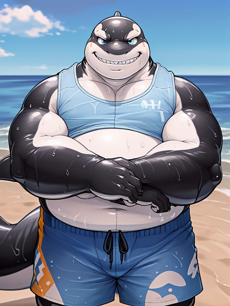 (New Jersey 5 anthro,Shark ,Chubby,Fat,Thick arms,Rugged muscles,(((White skin))),Solitary,Chubby Face,Sky blue eyes,(sweat),(smirk:1.2),
BREAK
(another anthro Orca, Black, smirk),(no t-shirt),(swim trunks),(Wrapped around arms posing for a photo),(beach),(panorama:1.2),