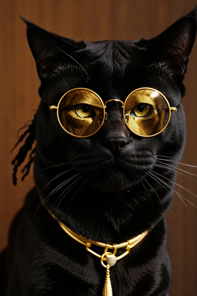Full HD, 3D, A black cat with dreadlocks, is round retro gold glasses with dark black lenses