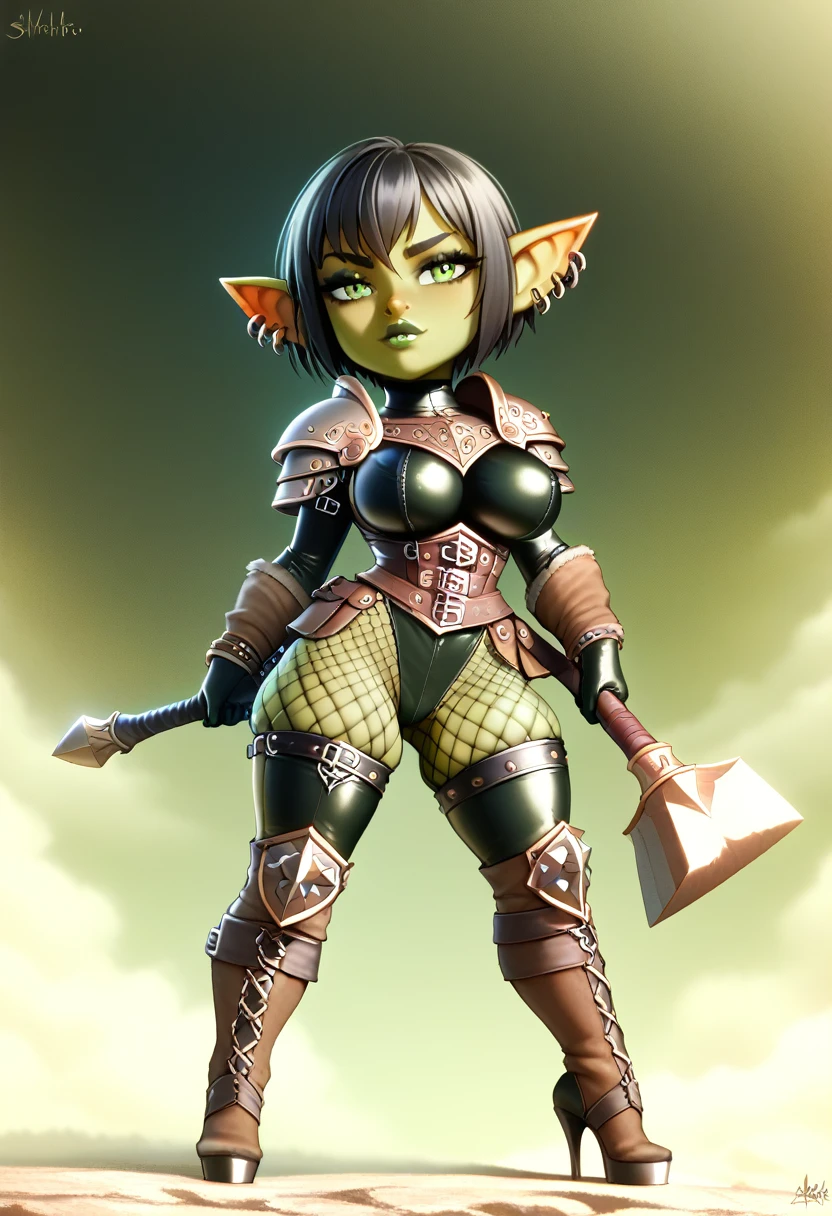 Girl, goblin girl, goblin, green skin, short, short stature,short hair, black hair, large breasts, miniskirt, latex, long gloves, thigh boots, goth, pouty lips, masterpiece, best quality, sexy, dynamic pose, 8k, shortstack, sfw, shiny, fantasy, dungeons and dragons, high heels,  fishnets, holding, dark green skin, adventurer, barbarian, large hammer, armor, sexy armor, skintight armor