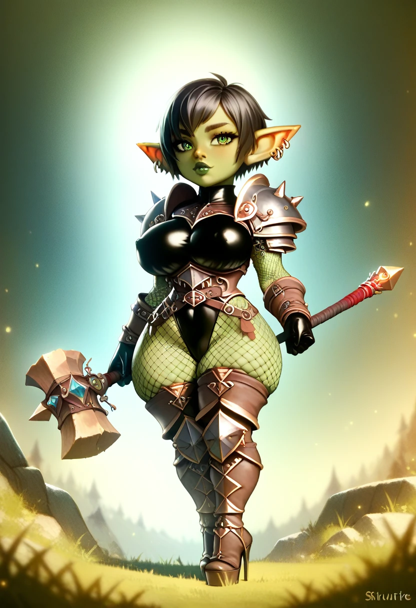 Girl, goblin girl, goblin, green skin, short, short stature,short hair, black hair, large breasts, miniskirt, latex, long gloves, thigh boots, goth, pouty lips, masterpiece, best quality, sexy, dynamic pose, 8k, shortstack, sfw, shiny, fantasy, dungeons and dragons, high heels, fishnets, holding, dark green skin, adventurer, barbarian, large hammer, armor, sexy armor, skintight armor