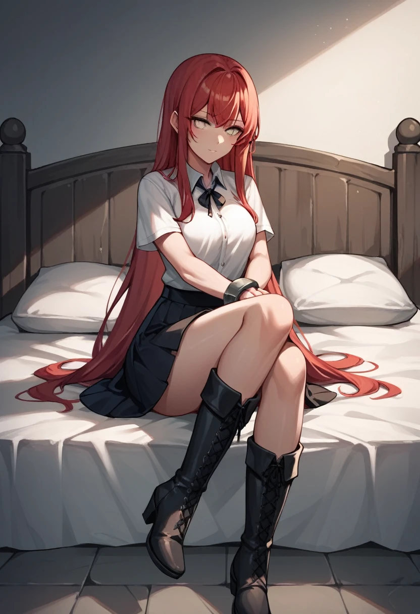 score_9, score_8_up, score_7_up, score_6_up, score_5_up, score_4_up, source_anime, 1girl,bed,sit, red hair, white eyes, w-w-chain, shackles,crossed hands, long hair, shirt, skirt,black high boots, dungeon, best quality, best res, 4K UHD,