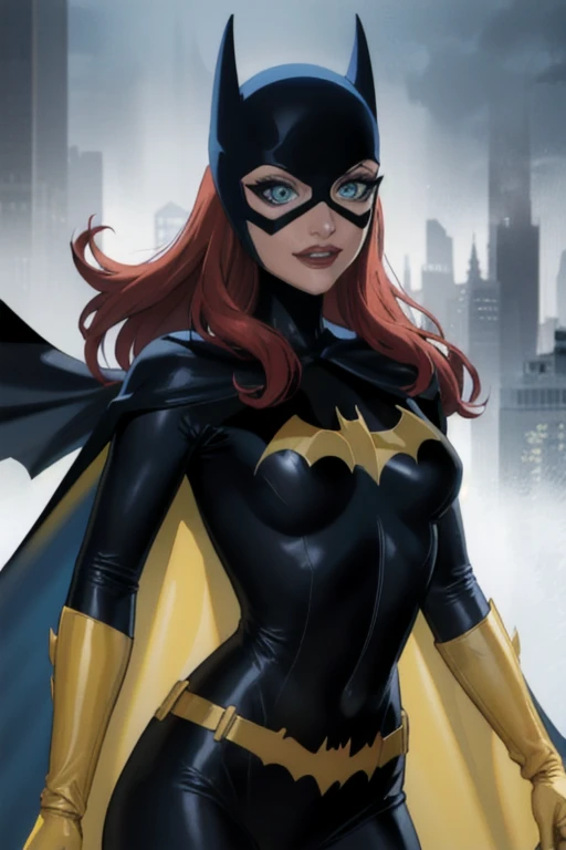 BarbaraG, 1girl, solo, long blue cape, blue mask, yellow belt, yellow gloves, blue eyes, superhero, long hair, bodysuit, lipstick, batgirl, park, city, smile,