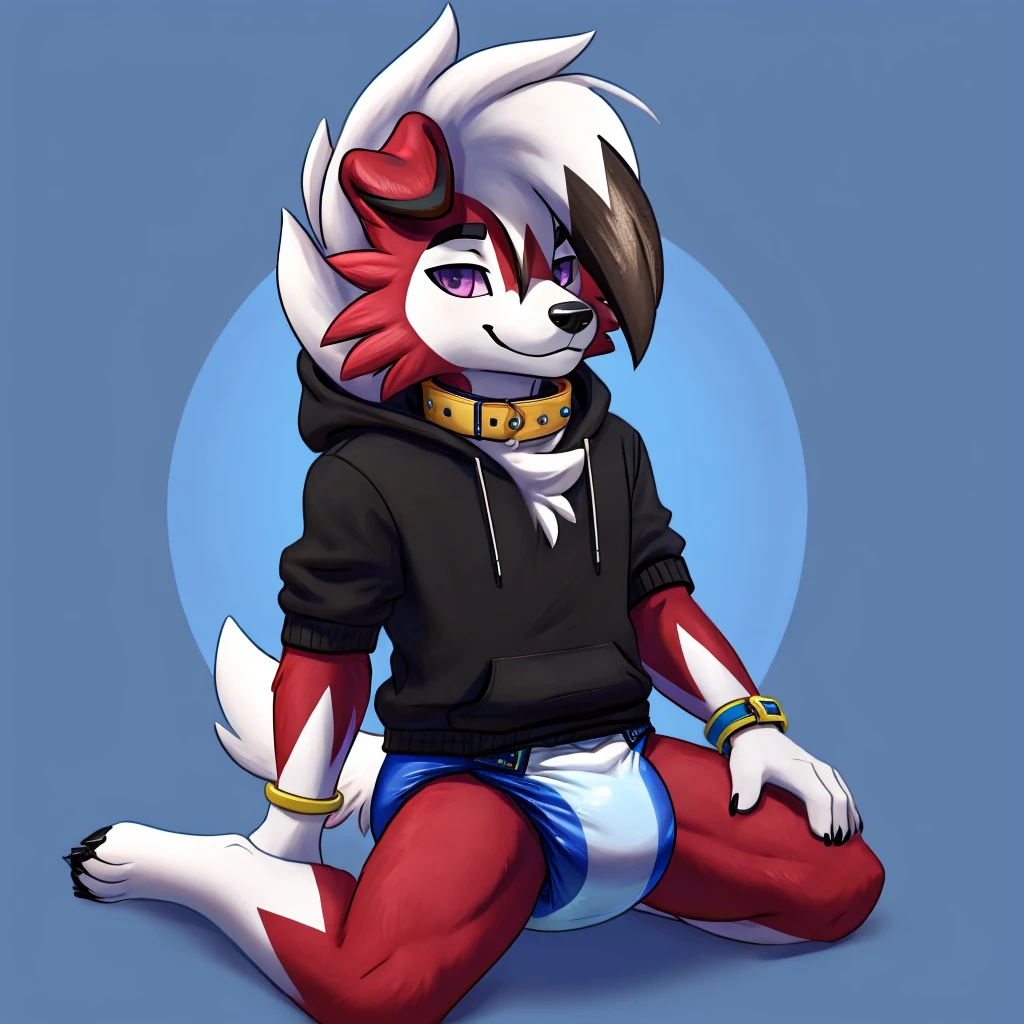 A dark purple Midnight femboy lycanroc wearing a black sweatshirt and a blue diaper and white socks with black stripes and a gold dog collar around his neck and with bracelets on his arms