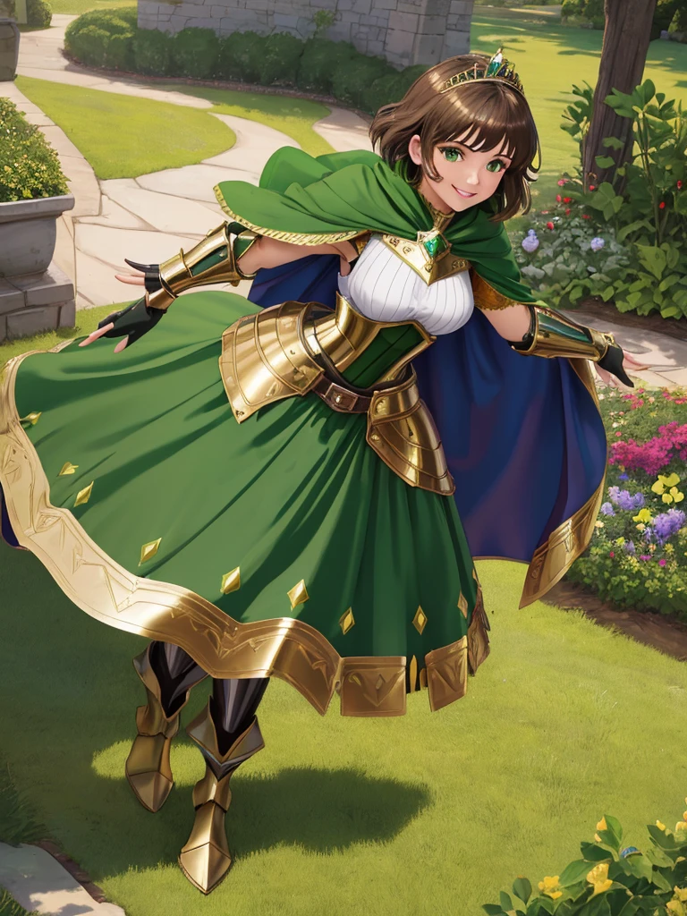 masterpiece, best quality:1.2), 1girl, smile, looking at viewer, green eyes, short brown hair, princess, armor, , pauldrons, armored dress, green cloak cape, wearing puffy blue ballgown skirt, golden tiara with green gem, armored boots, fingerless gloves, standing in medieval garden