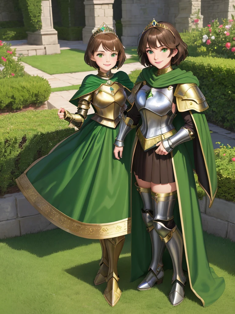 masterpiece, best quality:1.2), 1girl, smile, looking at viewer, green eyes, short brown hair, princess, armor, , pauldrons, armored dress, green cloak cape, wearing puffy blue ballgown skirt, golden tiara with green gem, armored boots, fingerless gloves, standing in medieval garden