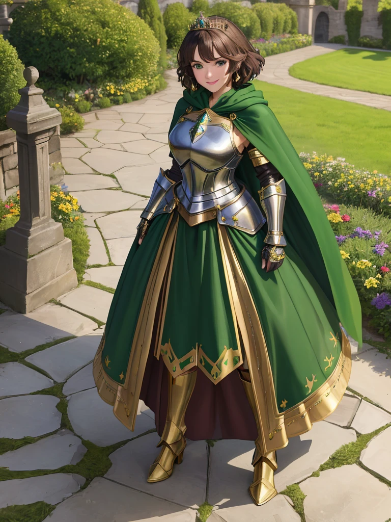 masterpiece, best quality:1.2), 1girl, smile, looking at viewer, green eyes, short brown hair, princess, armor, , pauldrons, armored dress, green cloak cape, wearing puffy blue ballgown skirt, golden tiara with green gem, armored boots, fingerless gloves, standing in medieval garden