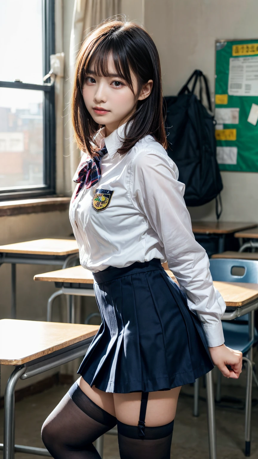 masterpiece, Highest quality, figure, Very detailed, Fine details, High resolution, 8K,wallpaper, Perfect dynamic composition,(Detailed high quality, Realistic depiction of eyes:1.3), From the side, High school classroom、 uniform、blazer 、Super Short Check Uniform Skirt、Navy blue knee-high socks、garter belt、huge 、Disheveled uniform, Short Bob Hair, Black hair color, hugeな胸, Big Natural Color Lip, Bold sexy pose, Perfect figure, Crying a little、Cold Stare, Harajuku Style、20-year-old girl、Cute type, Beautiful feet, Gravure idol pose