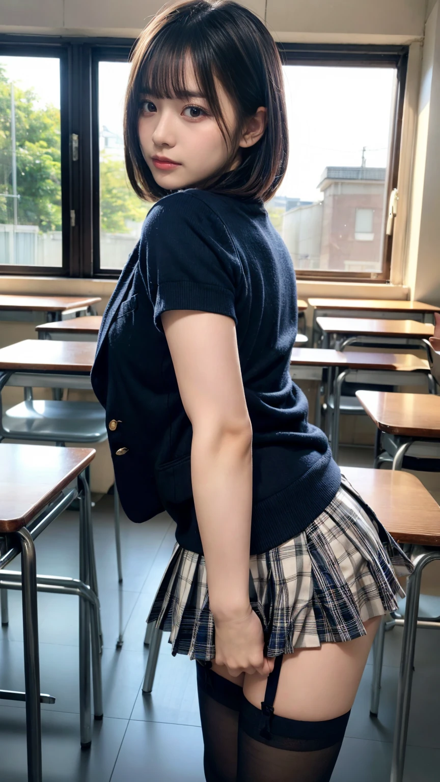 masterpiece, Highest quality, figure, Very detailed, Fine details, High resolution, 8K,wallpaper, Perfect dynamic composition,(Detailed high quality, Realistic depiction of eyes:1.3), From the side, High school classroom、 uniform、blazer 、Super Short Check Uniform Skirt、Navy blue knee-high socks、garter belt、huge 、Disheveled uniform, Short Bob Hair, Black hair color, hugeな胸, Big Natural Color Lip, Bold sexy pose, Perfect figure, Crying a little、Cold Stare, Harajuku Style、20-year-old girl、Cute type, Beautiful feet, Gravure idol pose