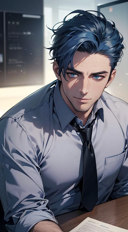(best quality,4k,8k,highres,masterpiece:1.2),ultra-detailed,(realistic,photorealistic,photo-realistic:1.37),1 man,31 years old,mature man,very handsome,without expression,smile,short blue hair,blue eyes,penetrating gaze,perfect face without errors,imposing posture,businessman,office background,cinematic lighting,hdr image
