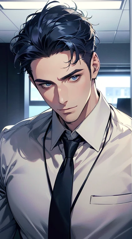 (best quality,4k,8k,highres,masterpiece:1.2),ultra-detailed,(realistic,photorealistic,photo-realistic:1.37),1 man,31 years old,mature man,very handsome,without expression,smile,short blue hair,blue eyes,penetrating gaze,perfect face without errors,imposing posture,businessman,office background,cinematic lighting,hdr image