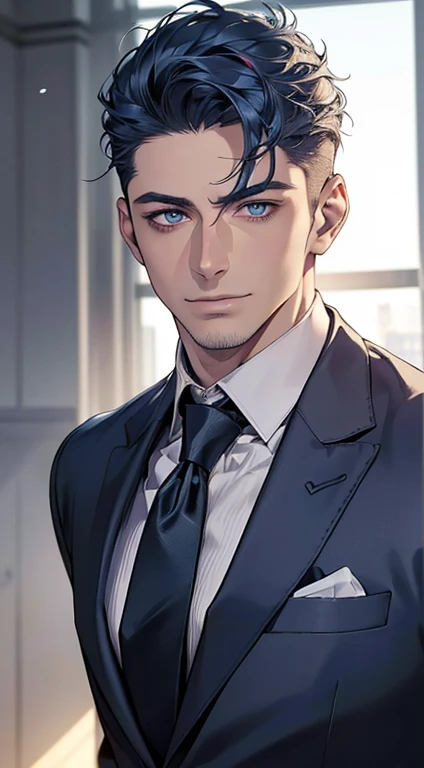 (best quality,4k,8k,highres,masterpiece:1.2),ultra-detailed,(realistic,photorealistic,photo-realistic:1.37),1 man,31 years old,mature man,very handsome,without expression,smile,short blue hair,blue eyes,penetrating gaze,perfect face without errors,imposing posture,businessman,office background,cinematic lighting,hdr image