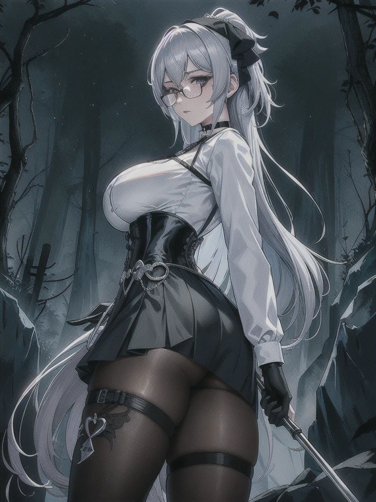 Masterpiece, Beautiful art, professional artist, 8k, art style by sciamano240, rostro de Bronya Zaychik, detailed body, Very detailed face, very detailed eyes, Detailed clothing, detailed fabric, Best Quality, better resolution, 1 girl, view from behind, perfect ass, big breasts, serious expression, at night , silver hair, glasses, choker:1.6, (long sleeve white collar buttoned shirt), (shiny black corset), black gloves covering your hands, holding an ax with his hand, (shiny black tight mini skirt), looking at the viewer, dark forest, Atmosphere, fog, at night
