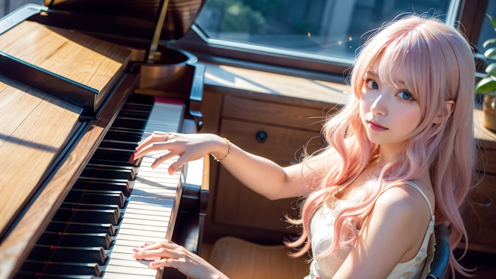 playing piano.Ai Hoshino, beige pink hair, Blue Hair,Long Hair, favorite , Beautiful, shining eyes, Stars in my eyes, Idol,Long pink hair