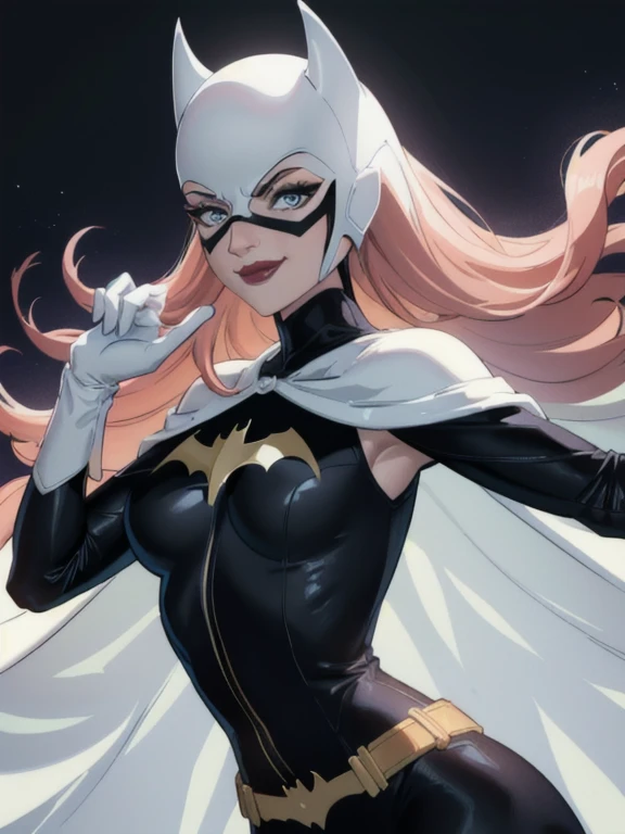 BarbaraG, 1girl, solo, long white cape, white mask, belt, white gloves, blue eyes, superhero, long hair, grey bodysuit, lipstick, batgirl, park, smile, cape under her shoulders