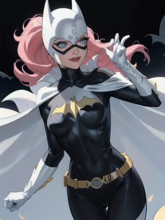 BarbaraG, 1girl, solo, long white cape, white mask, belt, white gloves, blue eyes, superhero, long hair, grey bodysuit, lipstick, batgirl, park, smile, cape under her shoulders