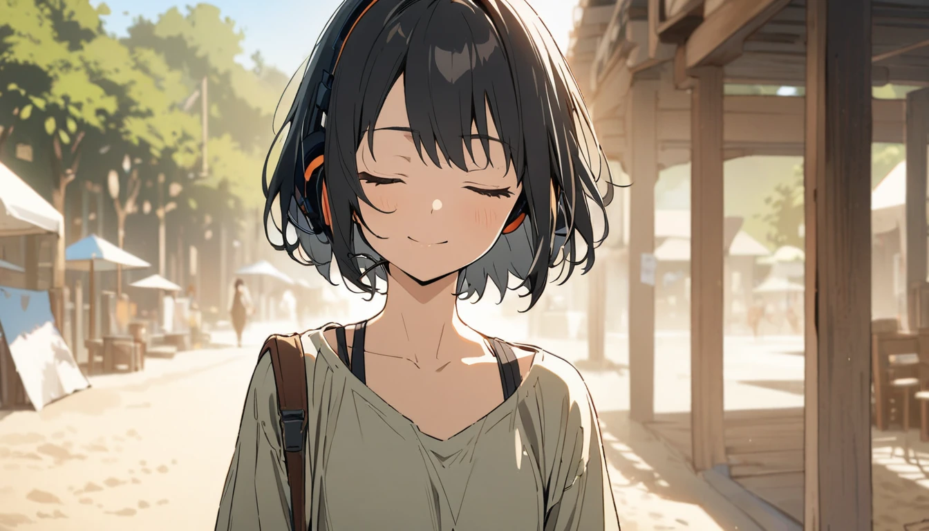 1girl, solo, gentle smile on her face flat chest, short hair, black hair, upper body, ((masterpiece, illustration, best quality)) ((best quality)) In a beach village walking around the village with her headphones on, eyes closed