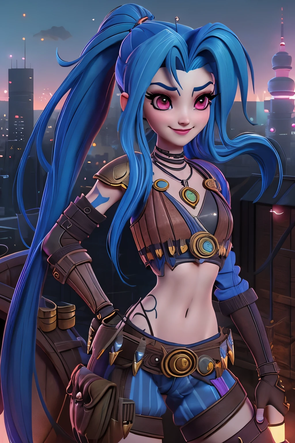 close up 1girl in, Jinx, league of legends, teenager, Solo, long ponytails, blue hair, super long blue hair, pale skin, full medium breasts, cleavage, runners body, (thin hips, thin waist: 1.25), (arched back:1.12), detailed skin, neutral face, mischievous smile, revealing clothes, (wearing cropped chest armor, armored short shorts, armored boots: 1.1), (detailed steampunk city background:1.1), dark rooftop, overlooking apocalyptic city, 4k textures, soft light, elegant, highly detailed, sharp focus, soothing tones, insane details, intricate details, hyperdetailed, low contrast, exposure blend, hdr, faded